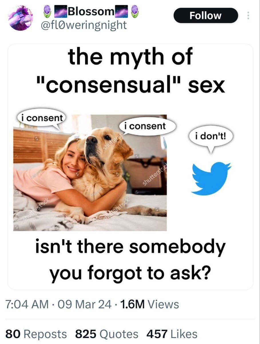 the myth of "consensual" sex don't! Nes isn't there somebody you forgot to ask? 7:04 09 Mar 24 Views 80 Reposts 825 Quotes 457 Likes