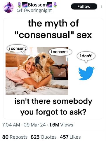 the myth of "consensual" sex don't! Nes isn't there somebody you forgot to ask? 7:04 09 Mar 24 Views 80 Reposts 825 Quotes 457 Likes