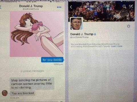 7 276 Donald Trump i che a а а a Donald Trump ealD for you daddy Stop sending me pictures of cartoon women wearing little to no clothing. You are blocked