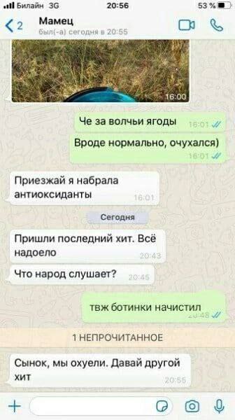 atl Билайн 20:56 53 С A 1 16:09 Че за волчьи ягоды Вроде нормально, очухался) Приезжай я набрала антиоксиданты Сегодня Пришли последний хит. Всё надоело Что народ слушает? ботинки начистил 1 НЕПРОЧИТА