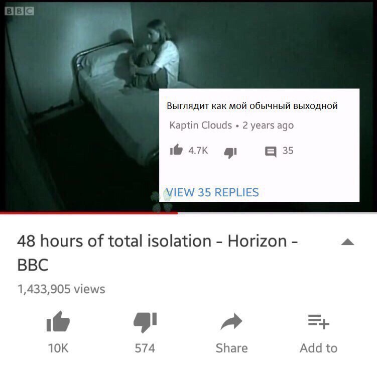 Выглядит как мой обычный выходной Kaptin Clouds 2 years ago 1@ а 35 VIEW 35 REPLIES 48 hours of total isolation Horizon BBC 1,433,905 views 574 Share Add to
