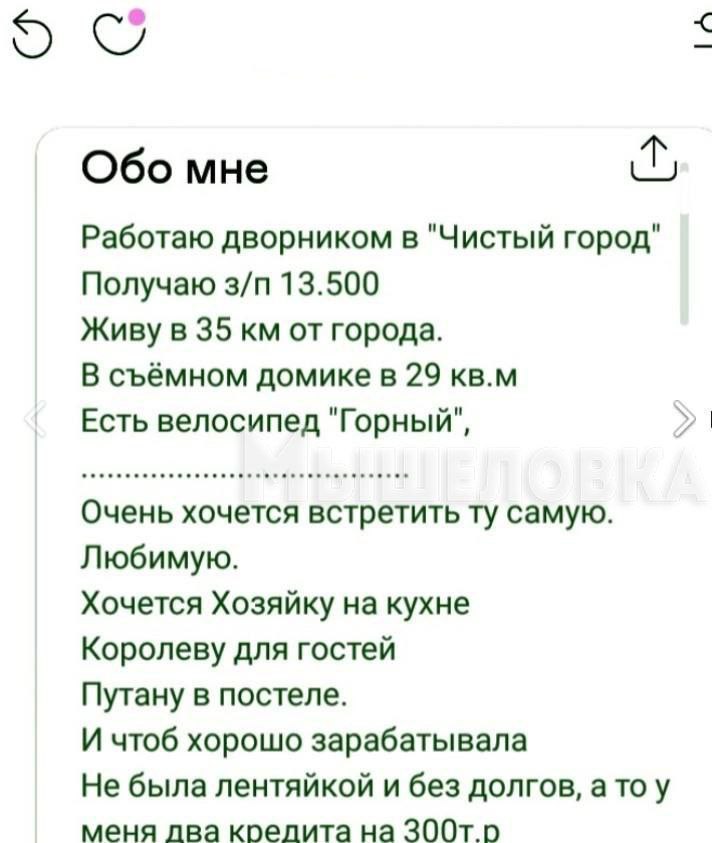 MHe Работаю дворником в "Чистый город" Получаю 13.500 Живу в 35 от города. В съёмном домике в 29 кв.м Есть велосипед "Горный", Очень хочется встретить самую. Любимую. Хочется Хозяйку на кухне Королеву