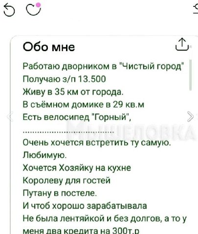 MHe Работаю дворником в "Чистый город" Получаю 13.500 Живу в 35 от города. В съёмном домике в 29 кв.м Есть велосипед "Горный", Очень хочется встретить самую. Любимую. Хочется Хозяйку на кухне Королеву