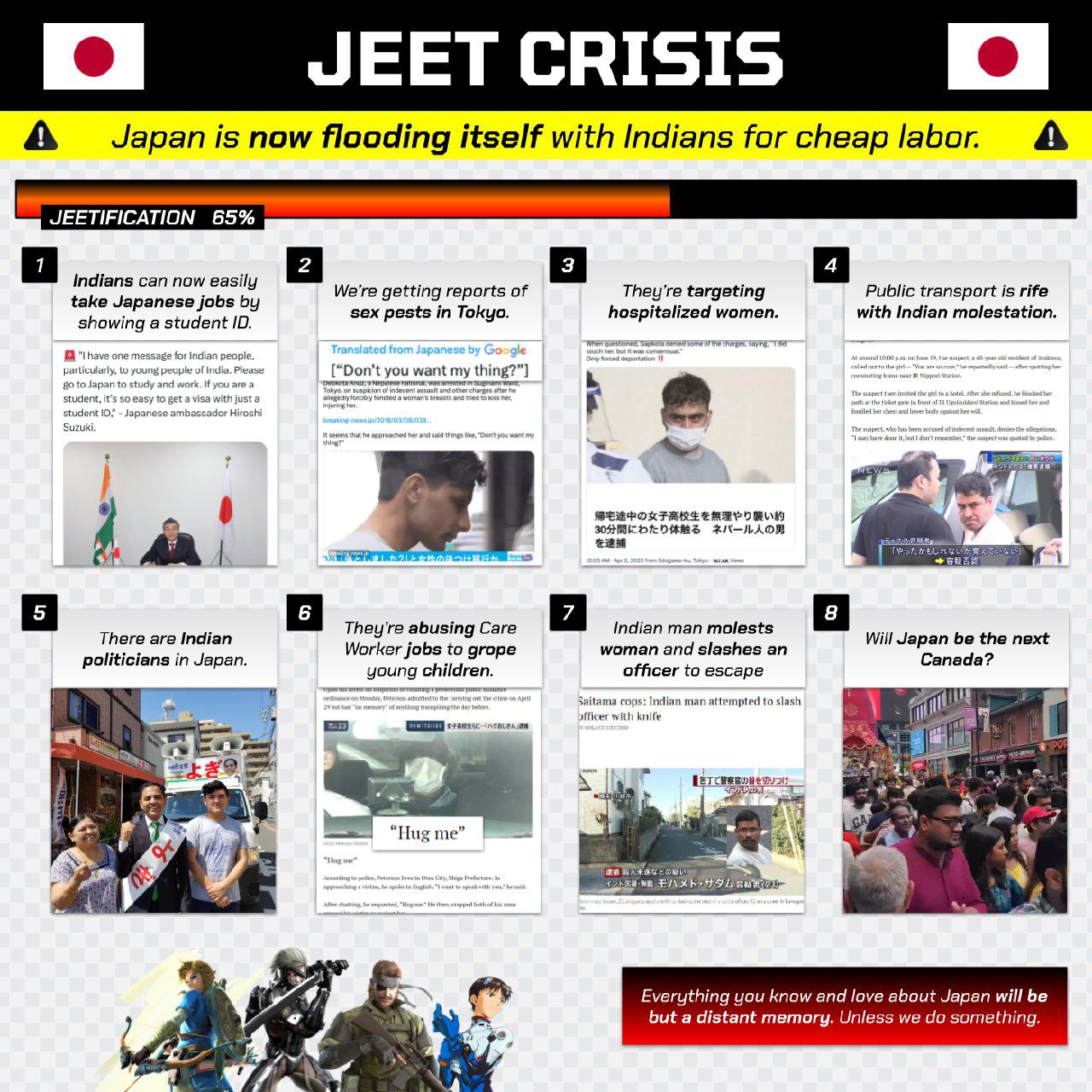 А now flooding itself with Indians for JEETIFICATION 65% а а We're getting reports of They're targeting Public transport is rife sex pests in Tokyo. hospitalized women. with Indian molestation. one pa