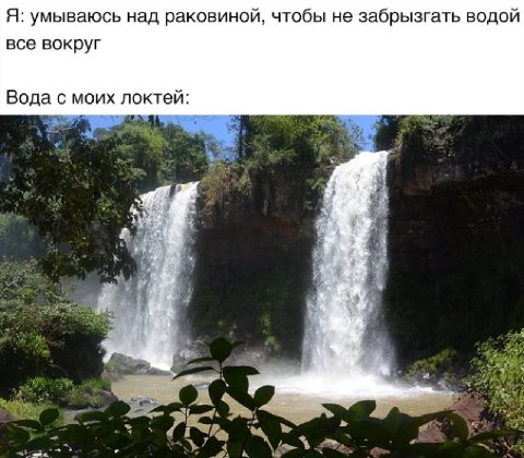 Я: умываюсь над раковиной, чтобы не забрызгать водой все вокруг Вода с моих локтей: 4 5%