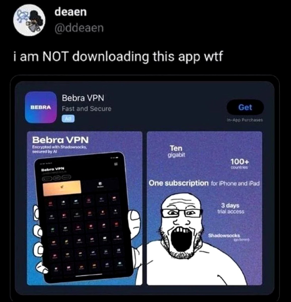 Чеаеп iam МОТ downloading this app wtf Bebra VPN BEBRA Bebra VPN Ten gigabit 100+ чим One subscription to: and Pad 3 tna: 4901 6 к у