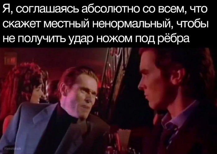 Я, соглашаясь абсолютно всем, что скажет местный ненормальный, чтобы не получить удар ножом под рёбра