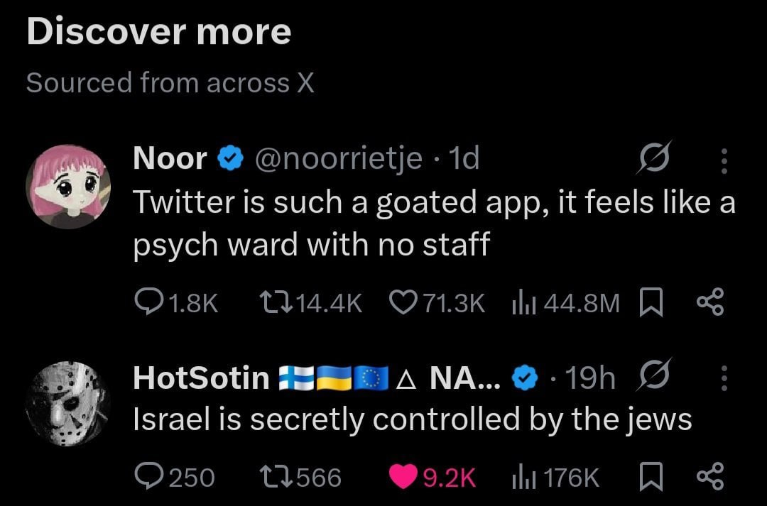 Discover more Моог Twitter is such a goated app, it feels а psych ward with no Israel is secretly controlled the jews