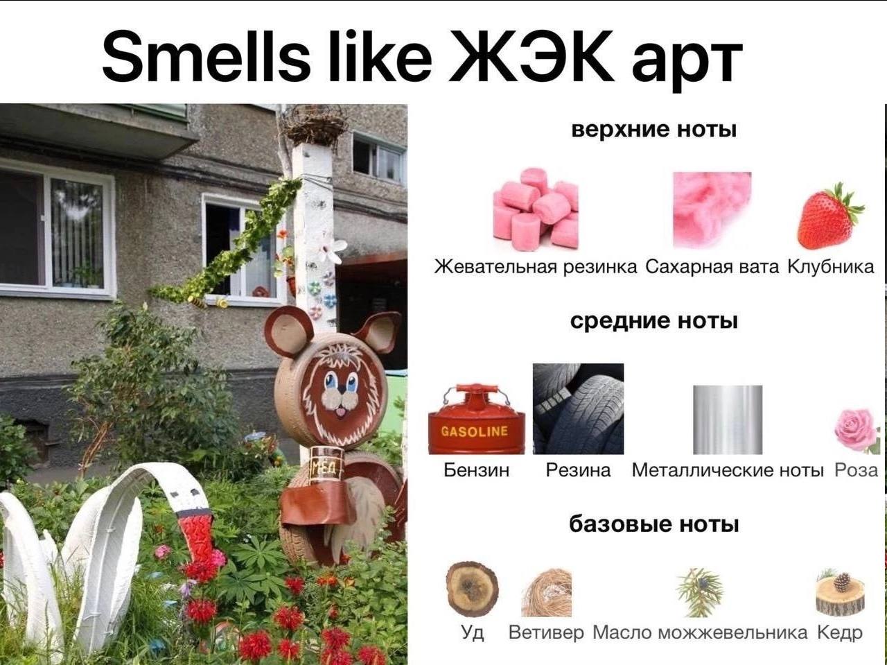 smells like ЖЭК арт верхние ноты Жевательная резинка Сахарная вата Клубника средние ноты у Бензин Резина Металлические ноты Роза базовые ноты Я i Betusep Масло можжевельника Кедр