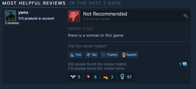 ТНЕ 7 DAYS MOST HELPFUL REVIEWS 315 products in account 3 reviews there is a woman in this game с helptul? Yes No Funny Award 630 peopte found this review helpful 735 found this review funn 5 6 3 61