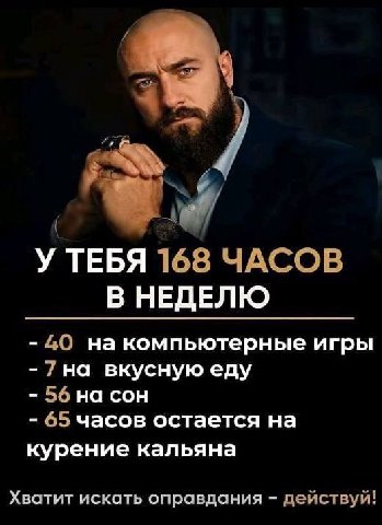 4 У ТЕБЯ 168 ЧАСОВ В НЕДЕЛЮ 40 на компьютерные игры -7на вкусную еду 56 на сон 65 часов остается на курение кальяна Хватит искать оправдания действуй!