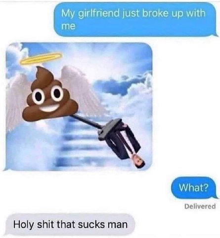 My girlfriend just broke up with me Delivered Holy shit that sucks man