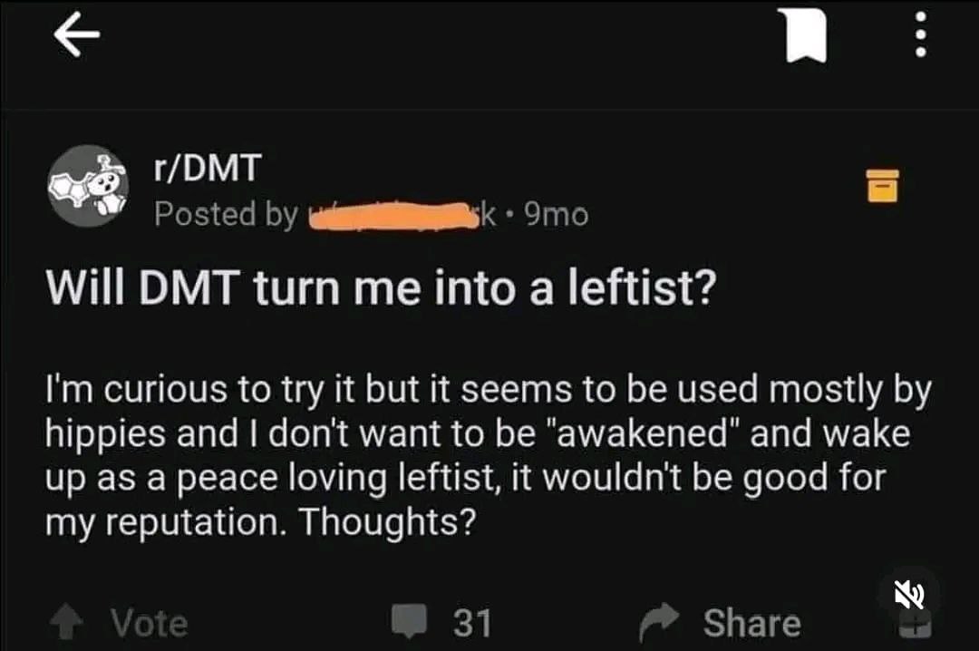 r/DMT Posted Эгпо Will DMT turn me into a leftist? curious to try it but it seems to be used mostly hippies and dont want to be "awakened" and wake up as a peace loving leftist, it wouldnt be good for