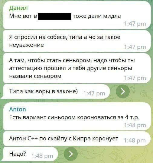 Данил Мне вот в тоже дали мидла 1:47 Я спросил на собесе, за такое неуважение 1:47 А там, чтобы стать сеньором, надо чтобы ты аттестацию прошел и тебя другие сеньоры назвали сеньором 1:47 Типа как вор