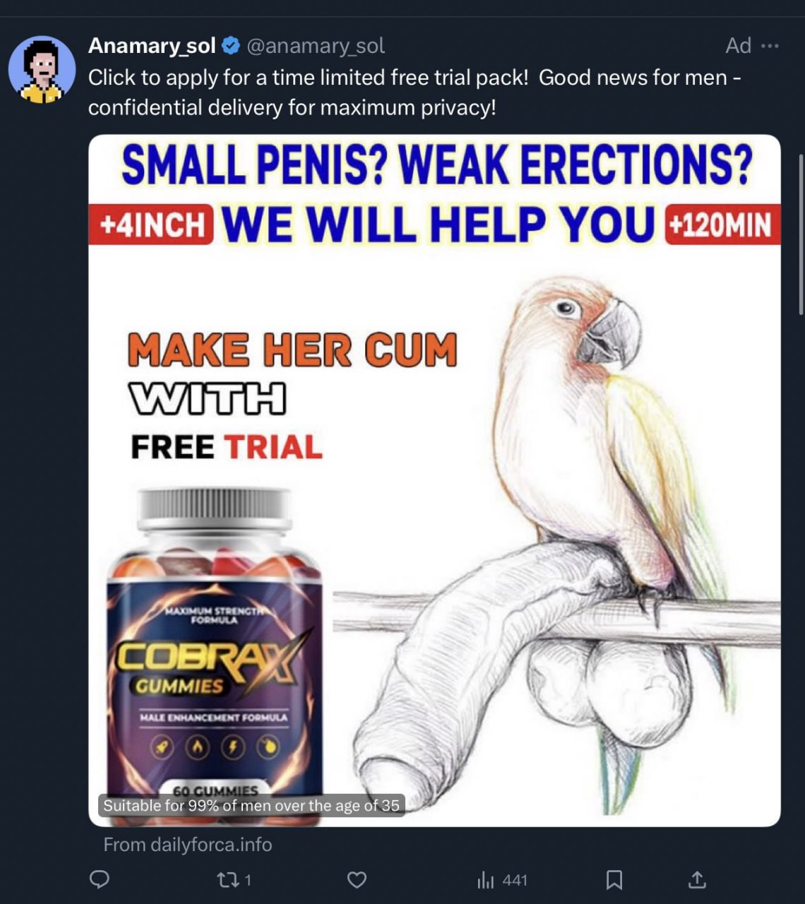 Апатагу sol @anamary sol Click to apply for a time limited free trial pack! Good news for men confidential delivery for maximum privacy! SMALL PENIS? WEAK ERECTIONS? WE WILL HELP YOU MAKE HER CUM FREE