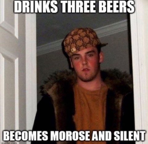 DRINKS THREE BEERS BECOMES MOROSE AND SILENT