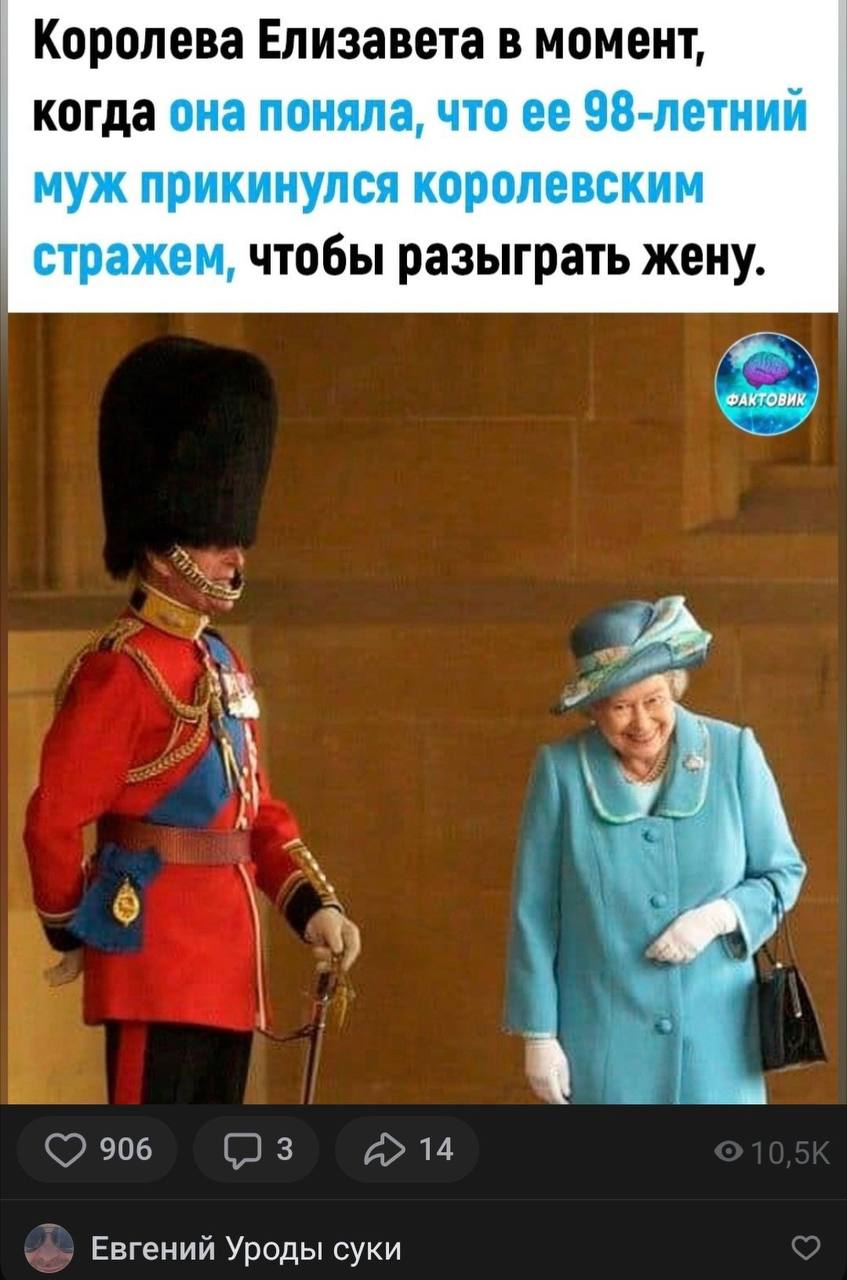 Королева Елизавета в момент, когда она поняла, что ее 98-летний муж прикинулся королевским стражем, чтобы разыграть жену. АКТОВИК 906 3 14 Евгений Уроды суки