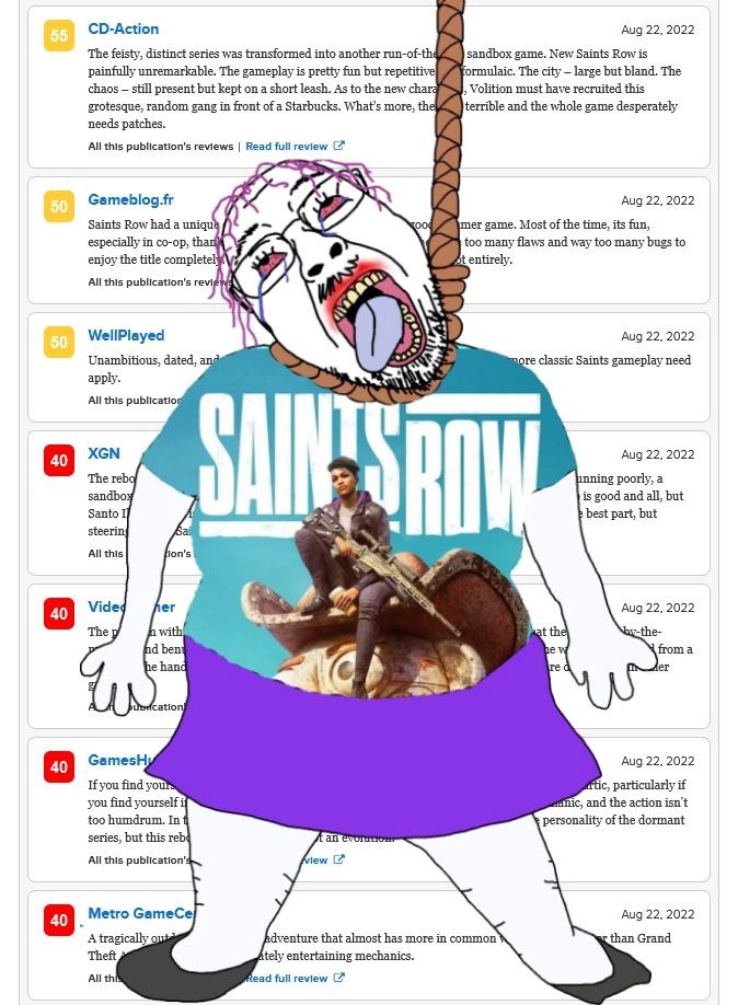 CD-Action Aug 22, 2022 The feisty, distinct series was transformed into another run-of-th sandbox game. New Saints Row is painfully unremarkable. The gameplay is pretty fun but repetitive formulaic. T