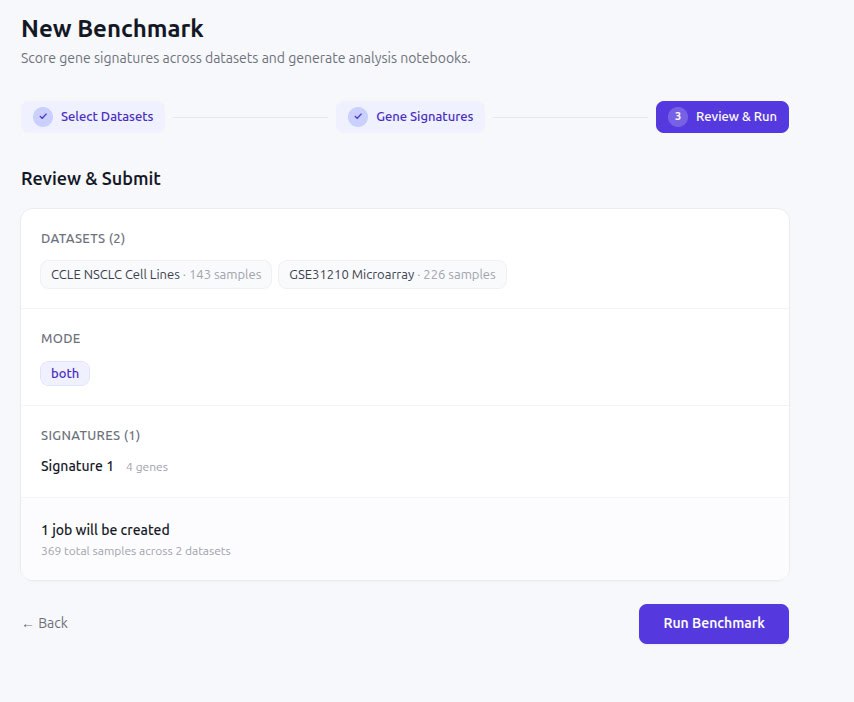 New Benchmark Score gene signatures across datasets and generate analysis notebooks. У Select Datasets У Gene Signatures Review Submit DATASETS (2) CCLE NSCLC Cell Lines 143 sample GSE31210 Microarray