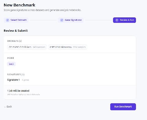 New Benchmark Score gene signatures across datasets and generate analysis notebooks. У Select Datasets У Gene Signatures Review Submit DATASETS (2) CCLE NSCLC Cell Lines 143 sample GSE31210 Microarray