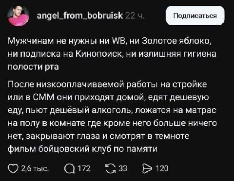 angel_from_bobruisk Мужчинам не нужны ни ни Золотое яблоко, ни подписка на Кинопоиск, ни излишняя гигиена полости рта После низкооплачиваемой работы на стройке или в СММ они приходят домой, едят дешев