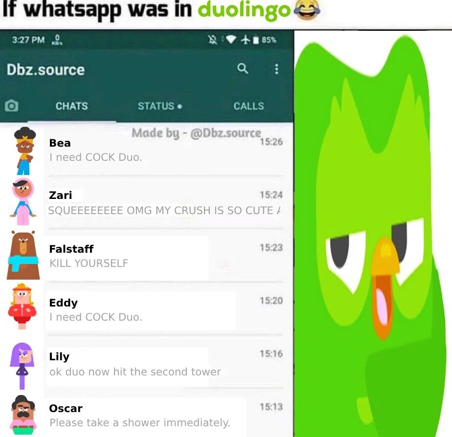 if whatsapp was cuolingo<> 3:27 2. В 85% Dbz.source CHATS STATUS CALLS Made @Dbz.source Bea 15:26 need COCK Duo. Zari 15:24 SQUEEEEEEEE ОМС MY CRUSH IS SO CUTE Falstaff 15:23 a KILL YOURSELF Eddy 15:2