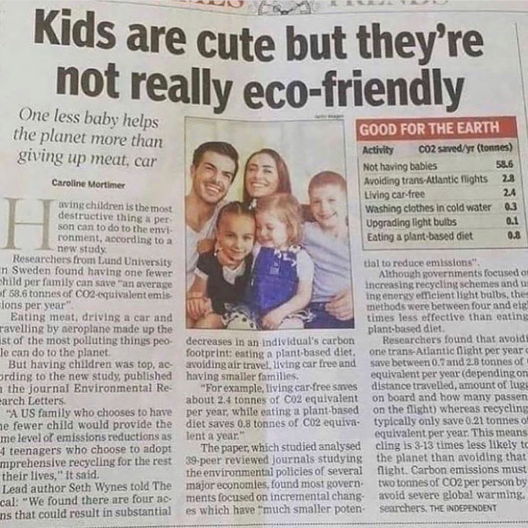 a я Kids are cute but no reall eco-friendly One less baby helps GOOD FOR THE EARTH the planet more than Activity saved/yr (tonnes) giv ing up meat, car Not having babies 535 Caroline Mortimer trans-At