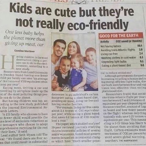 a я Kids are cute but no reall eco-friendly One less baby helps GOOD FOR THE EARTH the planet more than Activity saved/yr (tonnes) giv ing up meat, car Not having babies 535 Caroline Mortimer trans-At