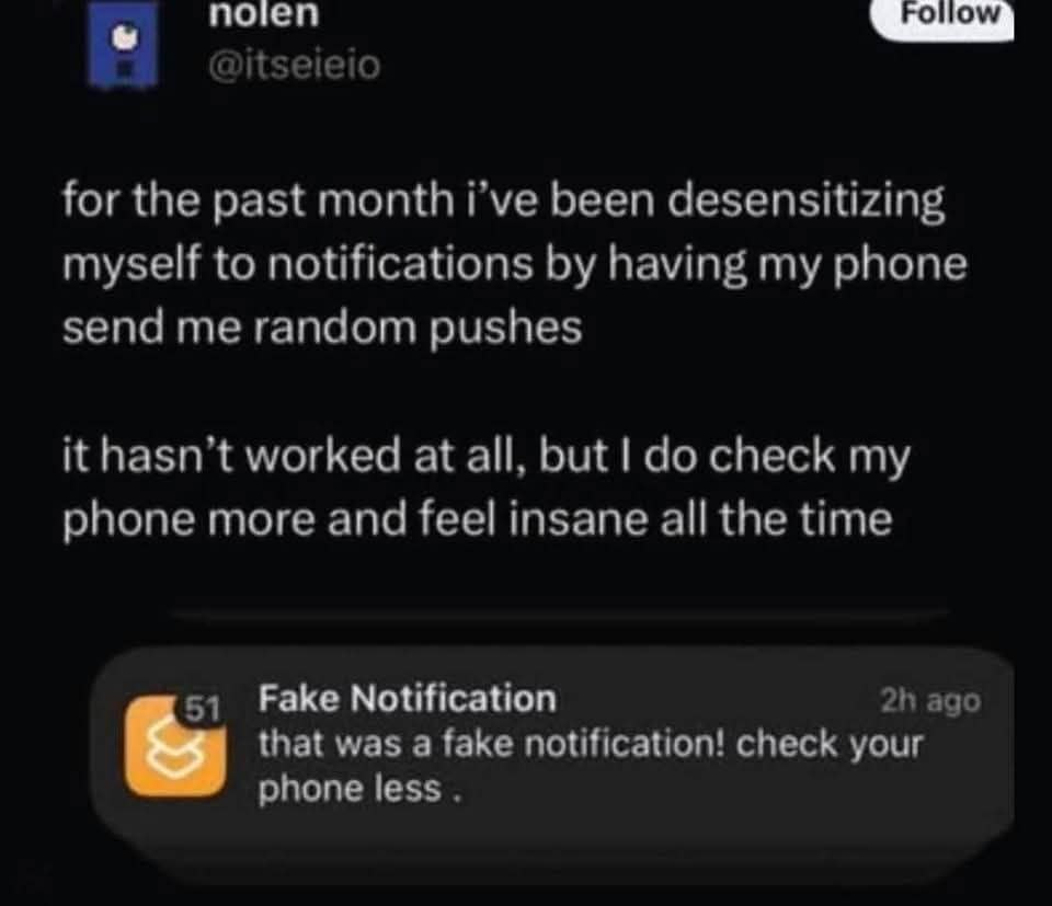 for the past month i’ve been desensitizing myself to notifications having my phone send me random pushes it hasn’t worked at all, but check my phone more and feel insane all the time 51 Fake Notificat