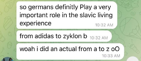 50 germans definitly Play a very important role in the slavic living experience 10:32 from adidas to zyklon woah did an actual from a to 7 10:33