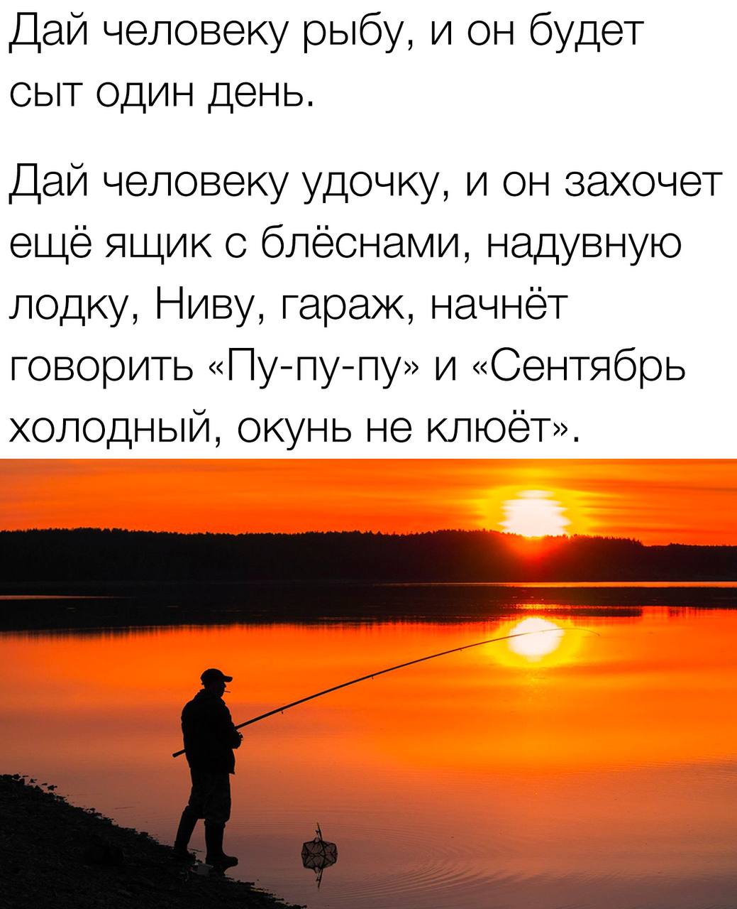 Дай человеку рыбу, и он будет сыт один день. Дай человеку удочку, и он захочет ещё ящик с блёснами, надувную лодку, Ниву, гараж, начнёт говорить «Пу-пу-пу» и «Сентябрь холодный, окунь не клюёт».