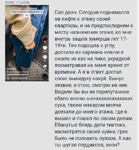 855 с Сап двач. Сегодня поднимался на лифте к этажу своей квартиры, и на предпоследнем к месту назначения этаже, мне внутрь зашла зумерша лет 17- Тян подошла к углу, достала из кармана ключи и сжала к