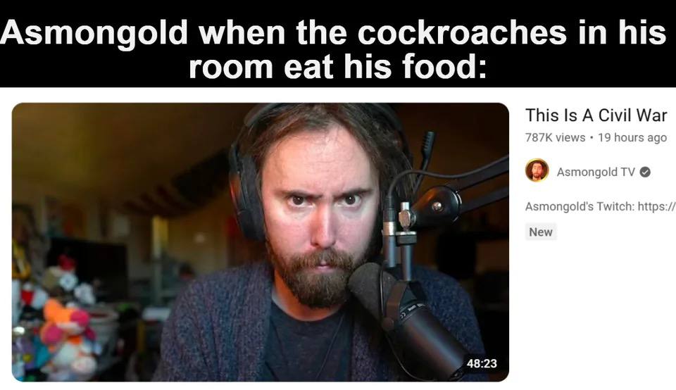 Asmongold when the cockroaches his room eat his food: This Is A Civil War о Asmongold Asmongold's Twitch: https:/ New 48:23