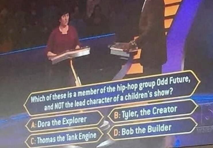 Which of these of the hip-hop grouP Odd Future, and NOT the lead character of children’s show? дога the Explorer в: Tyler, the Creator 2 С: Thomas the Tank Engine Bob the Builder