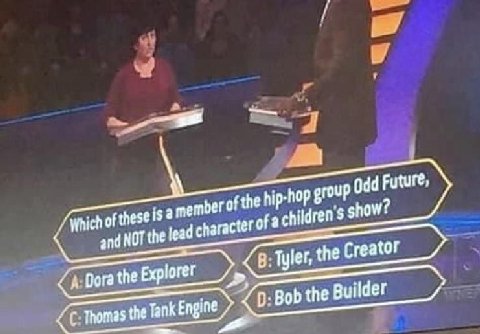 Which of these of the hip-hop grouP Odd Future, and NOT the lead character of children’s show? дога the Explorer в: Tyler, the Creator 2 С: Thomas the Tank Engine Bob the Builder
