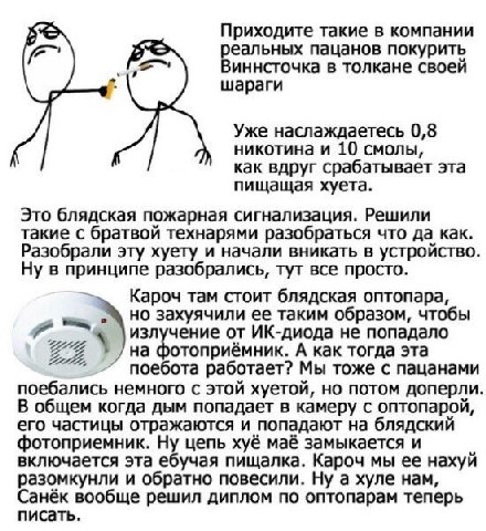 Приходите такие в компании реальных пацанов покурить Виннсточка в толкане своей шараги Уже наслаждаетесь 0,8 никотина и 10 смолы как вдруг срабатывает эта пищащая хуета Это блядская пожарная сигнализа