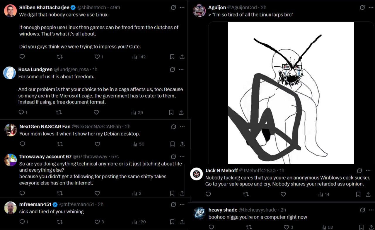 I made an intentionally hyperbolic joke poking at all of the Linux posts on social media, some people were not happy about it

Here is what I've learned:
- I'm stuck in the clutches of Windows
- Linux