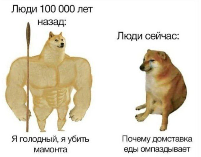 Люди 100 000 лет назад: Люди сейчас: Я голодный, я убить Почему домставка мамонта еды омпаздывает