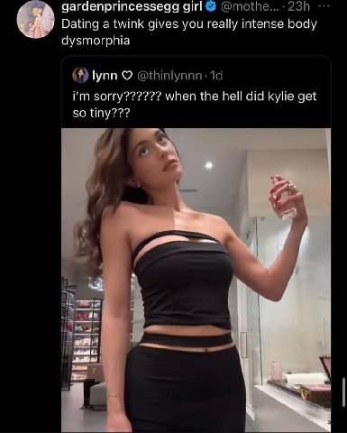 gardenprincessegg girl @mothe... Dating a twink gives you really intense body dysmorphia lynn О @thinlynnn- sorry?????? when the hell did kylie get so tiny??? 7 2 5