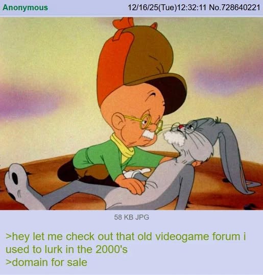Anonymous 1 cal 6/25(Tue)12:32:11 No.728640221 58 JPG >hey let me check out that old videogame forum i used to lurk in the >domain for sale