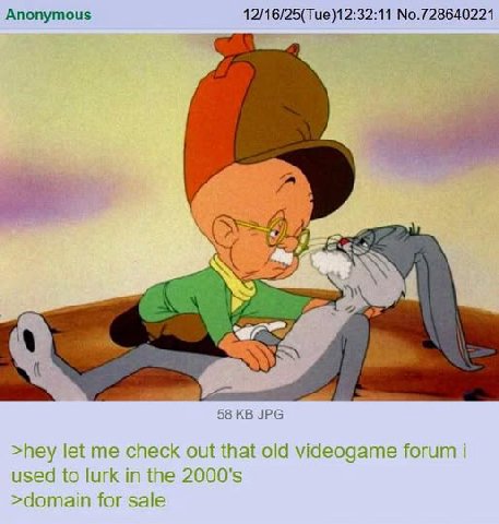 Anonymous 1 cal 6/25(Tue)12:32:11 No.728640221 58 JPG >hey let me check out that old videogame forum i used to lurk in the >domain for sale