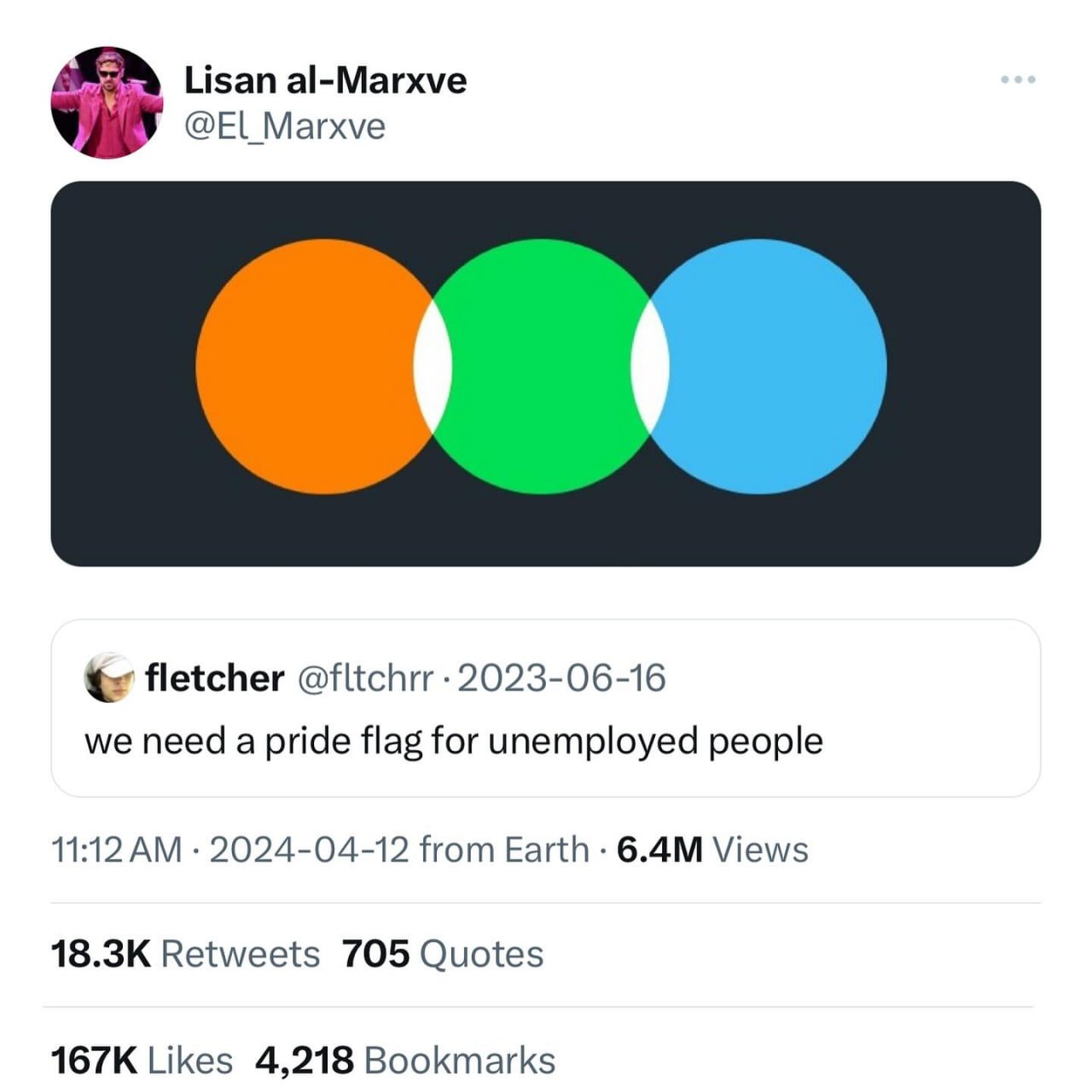 Lisan al-Marxve @ElL_Marxve fletcher @fltchrr 2023-06-16 we need a pride flag for unemployed people 11:12 2024-04-12 from Earth Views Retweets 705 Quotes Likes 4,218 Bookmarks