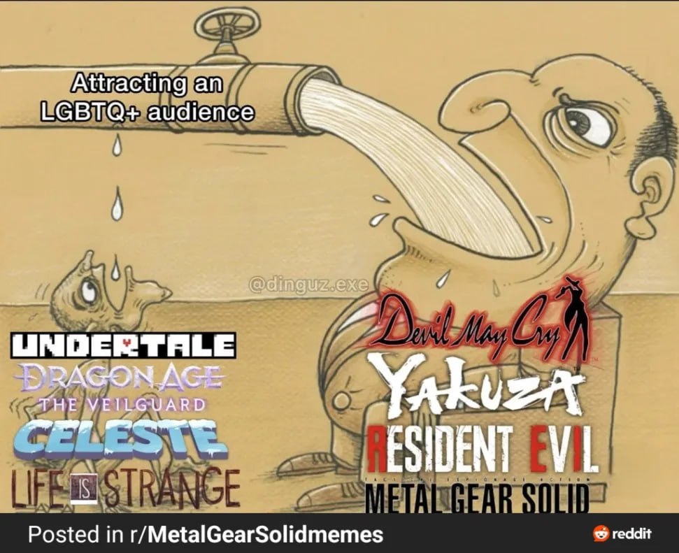 Attracting an LGBTQ+ audience А 74а UNDERTALE DRAGON THE VEILGUARD Yakuza ESIDENT Posted in r/MetalGearSolidmemes reddit