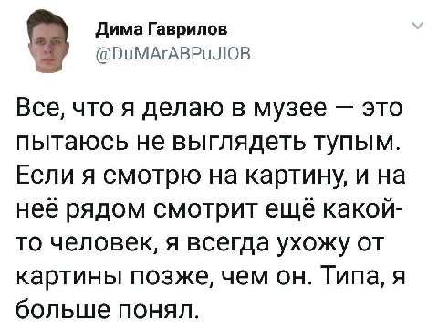 Дима Гаврилов @DuMArABPuJIOB Все, что я делаю в музее это пытаюсь не выглядеть тупым. Если я смотрю на картину, и на неё рядом смотрит ещё какой- то человек, я всегда ухожу от картины позже, чем Tuna,