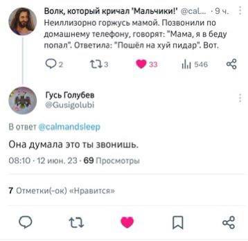 Волк, который кричал @cal... Неиллизорно горжусь мамой. Позвонили по домашнему телефону, говорят: "Мама, я в беду попал”, Ответила: "Пошел на хуй пидар". Вот, ©2 546 Гусь Голубев @Gusigotubi В ответ @