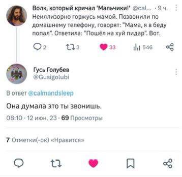 Волк, который кричал @cal... Неиллизорно горжусь мамой. Позвонили по домашнему телефону, говорят: "Мама, я в беду попал”, Ответила: "Пошел на хуй пидар". Вот, ©2 546 Гусь Голубев @Gusigotubi В ответ @