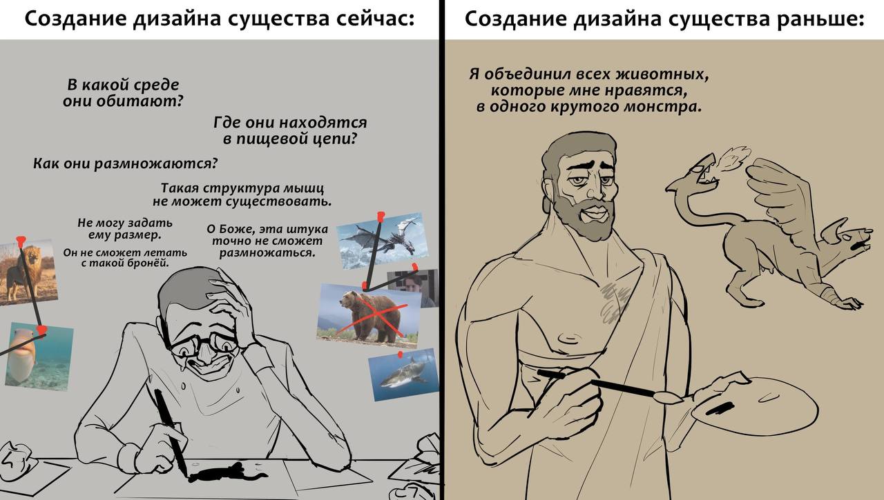 Создание дизайна существа сейчас: Создание дизайна существа раньше: Я объединил всех животных, В какой среде которые мне нравятся, они обитают? в одного крутого монстра. Где они находятся в пищевой це