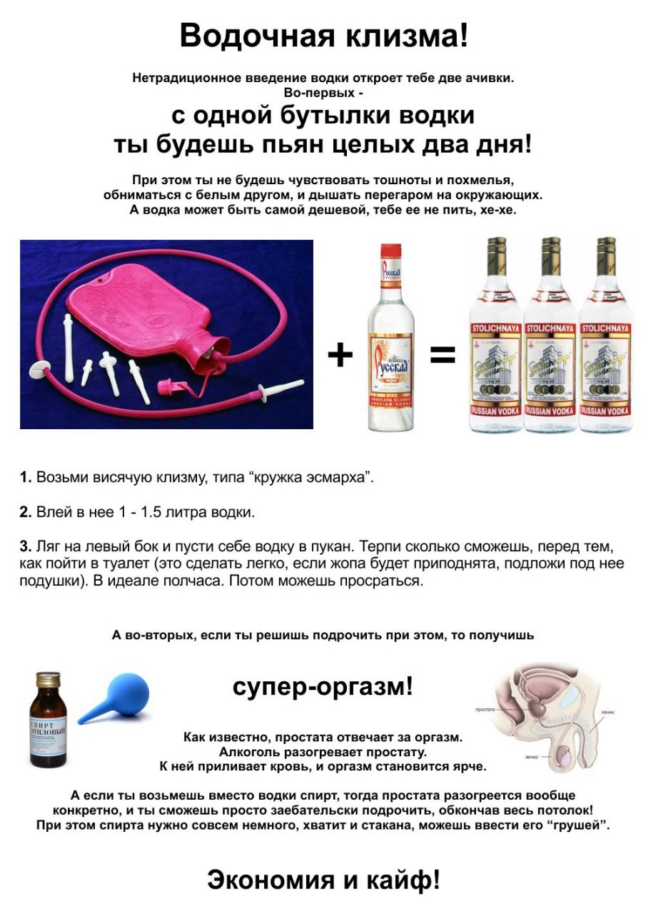 Водочная клизма! Нетрадиционное введение водки откроет тебе две ачивки. Во-первых с одной бутылки водки ты будешь пьян целых два дня! При этом ты не будешь чувствовать тошноты и похмелья, обниматься с