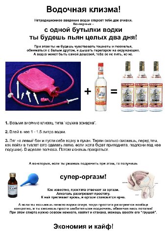 Водочная клизма! Нетрадиционное введение водки откроет тебе две ачивки. Во-первых с одной бутылки водки ты будешь пьян целых два дня! При этом ты не будешь чувствовать тошноты и похмелья, обниматься с