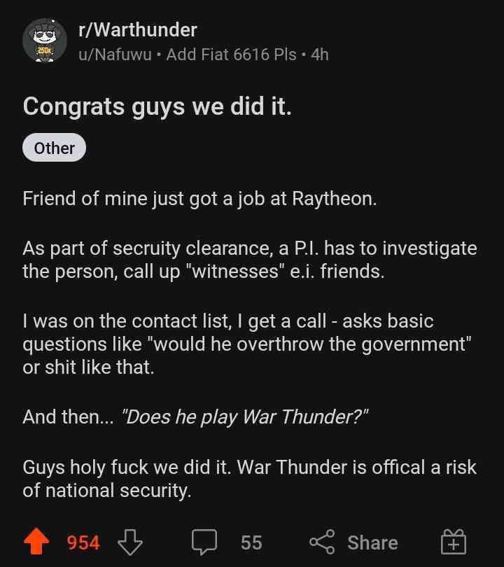 r/Warthunder a Congrats ацу cid i Friend of mine just got Raytheon As part of зесгийу clearanc паз to investigate the person, call witnesses friend was on the contact list, get a call asks basic like 
